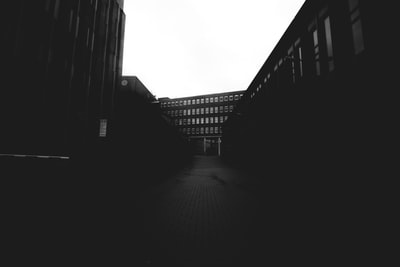 High-rise building empty road between grayscale images
